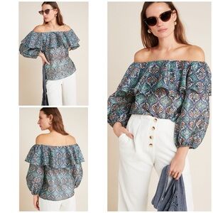 Anthro Sachin & Babi Musette Ruffle Block-prints Floral Off the Shoulder Blouse‌